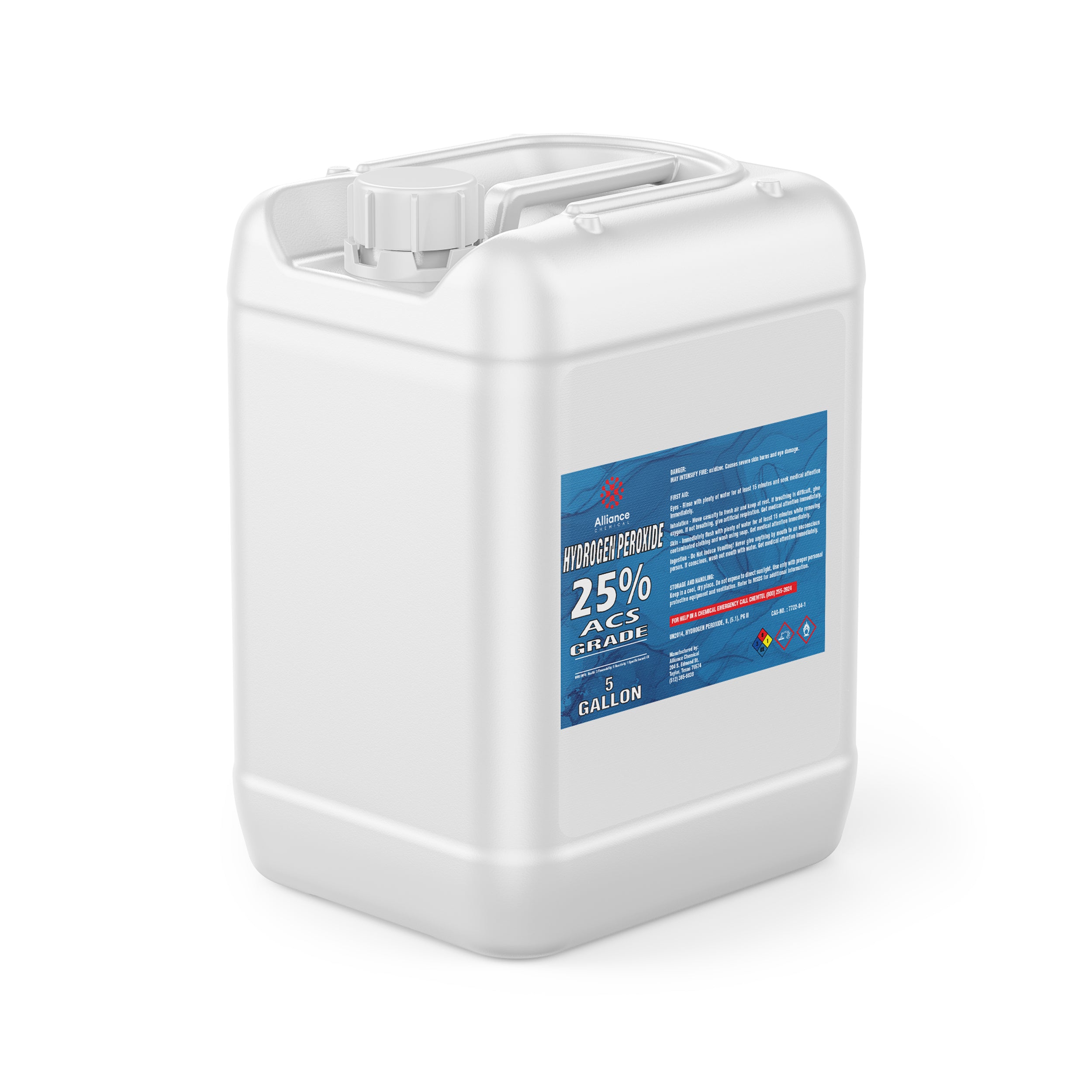 5-gallon white HDPE container of 25% ACS-grade hydrogen peroxide with blue Alliance Chemical label and NFPA hazard diamond symbols.